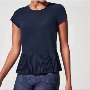 SPANX Yes Pleats Shirt Womens Size S Navy Blue Active Stretch UPF 50 Athleisure
